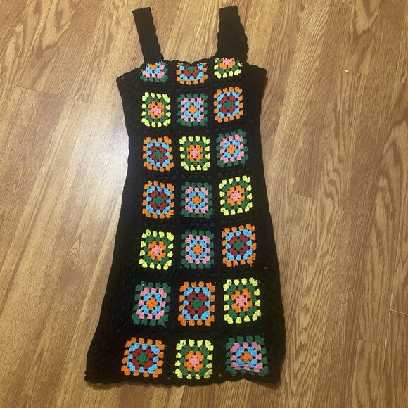 Emma & Posh Crochet Granny Squares Pencil Dress Womens Large Black Square Neck - Picture 3 of 8